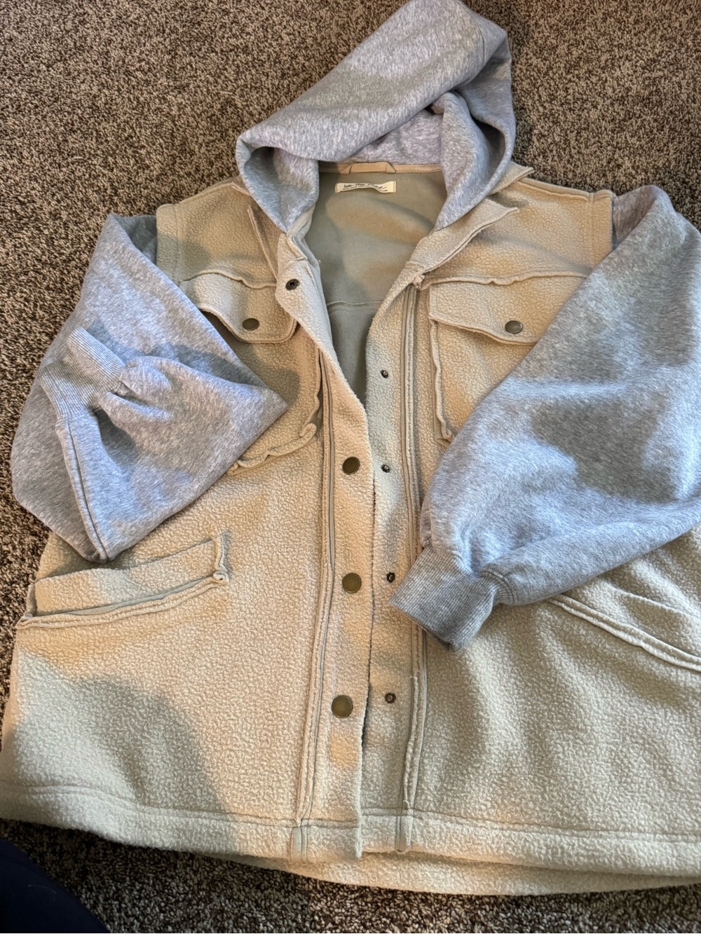 We The Free Hooded Sherpa Jacket in Light Beige with Gray Sleeves